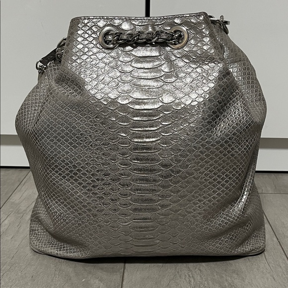 HOSTPICK🩶 Michael Kors Frankie Metallic Silver Leather Snake Print Messenger Bag - Picture 7 of 13
